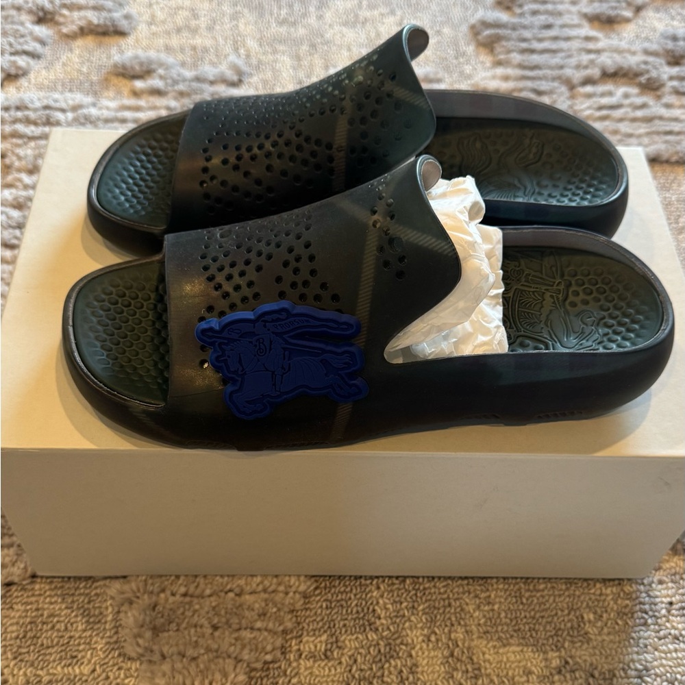 Burberry Black Slide Sandals with Blue Logo Patch